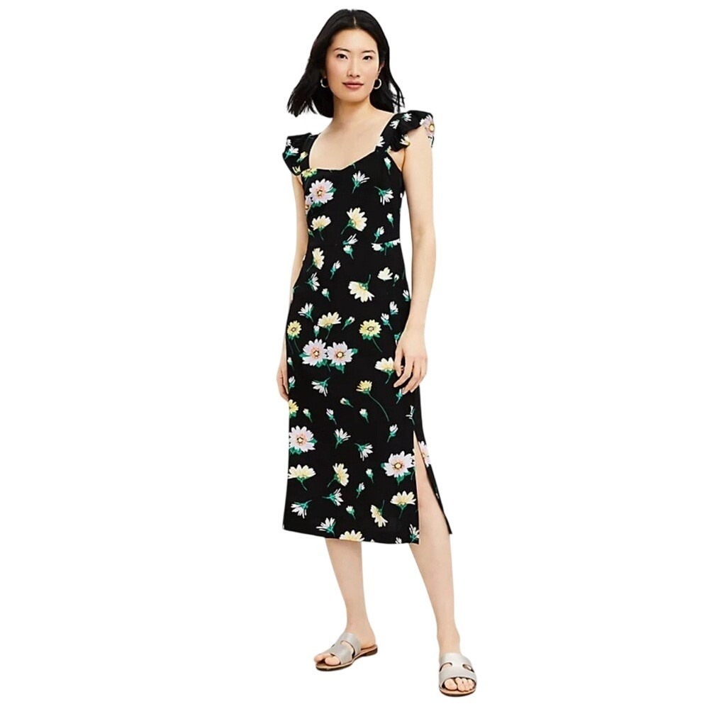 LOFT Petites Black Floral Ruffle Strap Midi Dress Side Slit 2P 589445 SP22